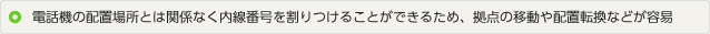 イメージ：電話機の配置場所とは関係なく内線番号を割りつけることができるため、拠点の移動や配置転換などが容易に